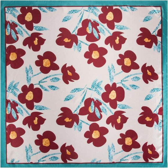 Women's Wine Red Head Scarf Like Silk Printed Square Hair Bandanas 35 Inches - Picture 7 of 7